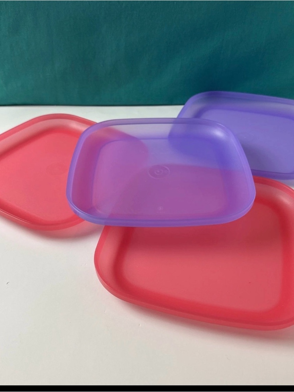 Tupperware Luncheon Plates Set of 4 Sheer Pink and Purple 8” Square new
